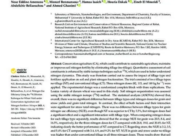 Nitrogen Use Efficiency Using the 15N Dilution Technique for Wheat Yield under Conservation Agriculture and Nitrogen Fertilizer