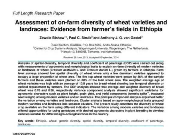 Assessment of on-farm diversity of wheat varieties and landraces: Evidence from farmer’s fields in Ethiopia