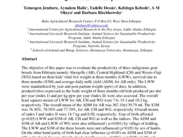 Productivity of Abergelle, Central Highland and Woyto-Guji goat breeds in Ethiopia