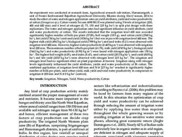 Effect of irrigation and nitrogen application on water productivity and performance of Cotton (Gossypium sp.)
