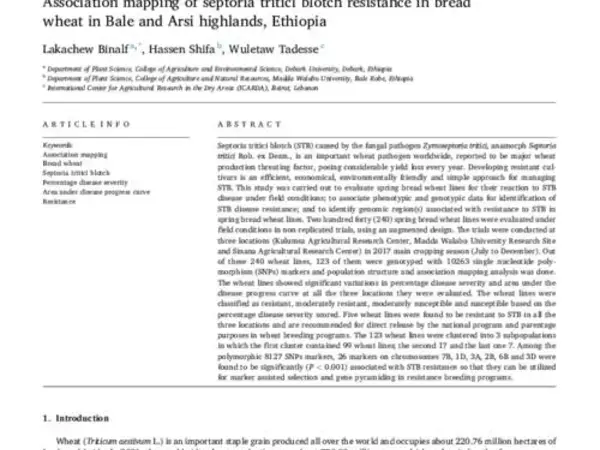 Association mapping of septoria tritici blotch resistance in bread wheat in Bale and Arsi highlands, Ethiopia