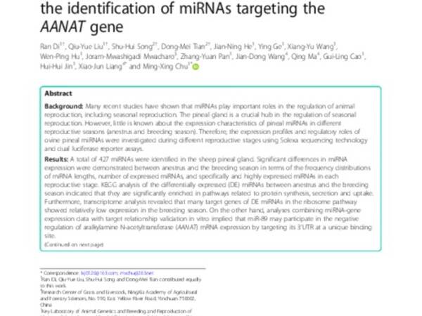 Expression characteristics of pineal miRNAs at ovine different reproductive stages and the identification of miRNAs targeting the AANAT gene