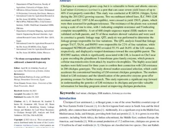 Identifying Genetic Linkage Groups and Markers for Leaf Miner Resistance in Chickpea through QTL Analysis and Field Validation