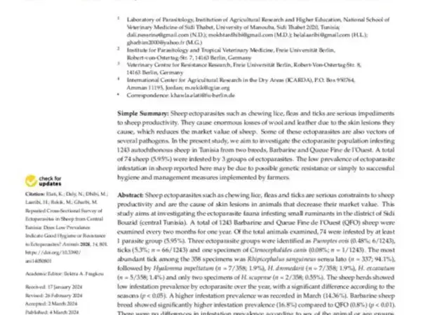Repeated Cross-Sectional Survey of Ectoparasites in Sheep from Central Tunisia: Does Low Prevalence Indicate Good Hygiene or Resistance to Ectoparasites?
