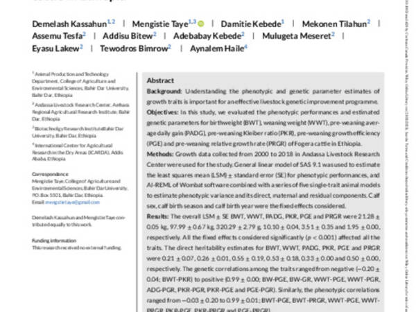 Phenotypic and genetic parameter estimates for early growth, growth rate and growth efficiency-related traits of Fogera cattle in Ethiopia