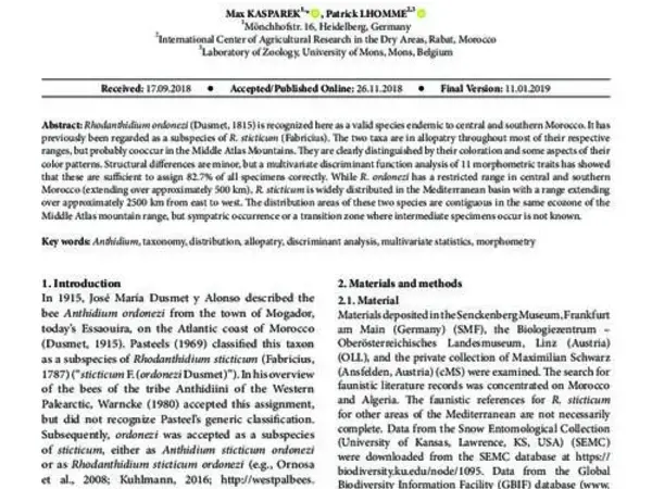 Revision of the taxonomic status of Rhodanthidium sticticum ordonezi (Dusmet, 1915), an anthidiine bee endemic to Morocco (Apoidea: Anthidiini)