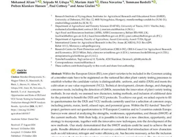 Assessing the Opportunities and Risks of DUS and VCU Variety Testing for Sustainable Production through SWOT Analysis Results
