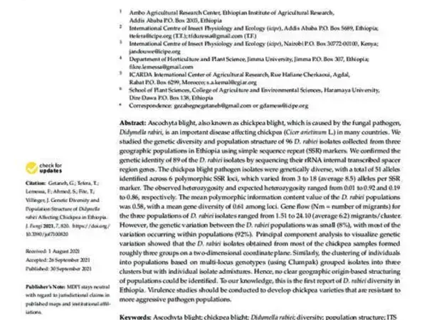 Genetic Diversity and Population Structure of Didymella rabiei Affecting Chickpea in Ethiopia
