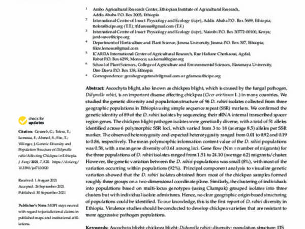 Genetic Diversity and Population Structure of Didymella rabiei Affecting Chickpea in Ethiopia