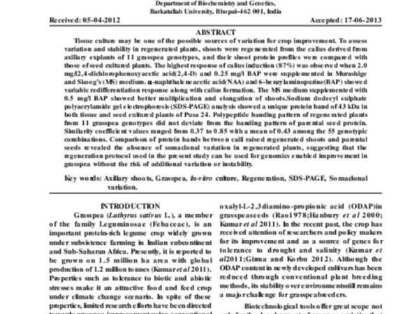 Assessment of somaclonal variation and stability in in vitro regenerated grass pea plants using SDS-PAGE