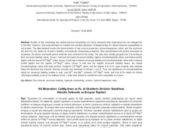 Clay minerals, Ca/Mg ratio and fe-al-oxides in relation to structural stability, hydraulic conductivity and soil erosion in southeastern Turkey