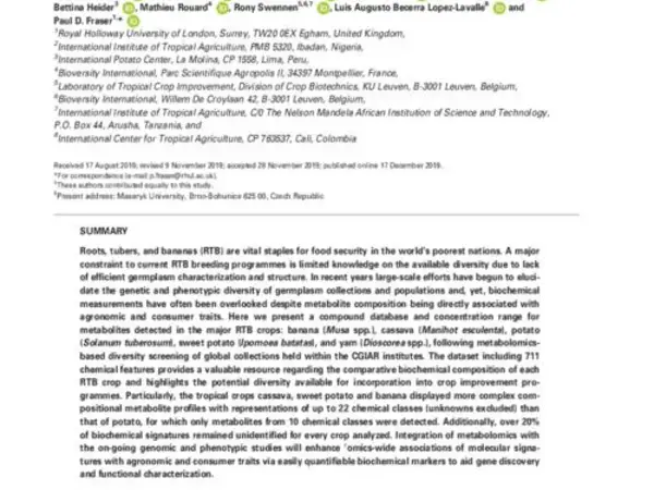 Metabolite database for root, tuber, and banana crops to facilitate modern breeding in understudied crops