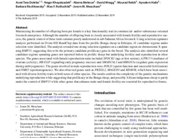 Genome‑wide scans identify known and novel regions associated with prolifcacy and reproduction traits in a sub‑Saharan African indigenous sheep (Ovis aries)