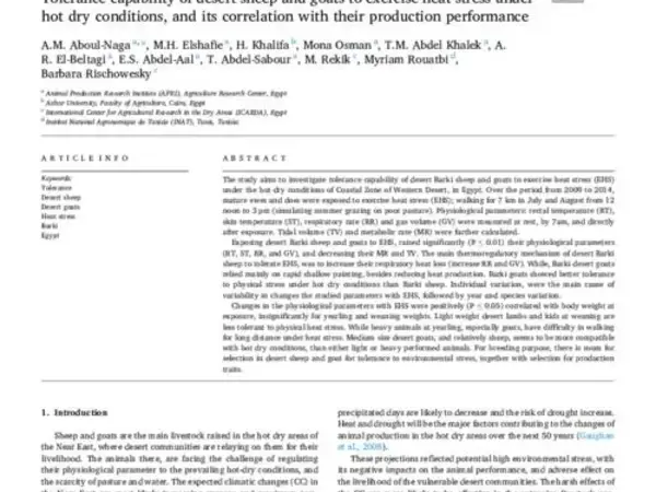 Tolerance capability of desert sheep and goats to exercise heat stress under hot dry conditions, and its correlation with their production performance