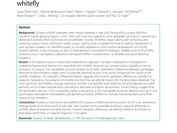 A metabolomics characterisation of natural variation in the resistance of cassava to whitefly