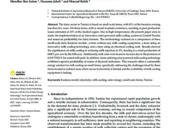 Can Small-Scale Dairy Farm Profitability Increase with the Use of Solar Energy Technology? An Experimental Study in Central Tunisia