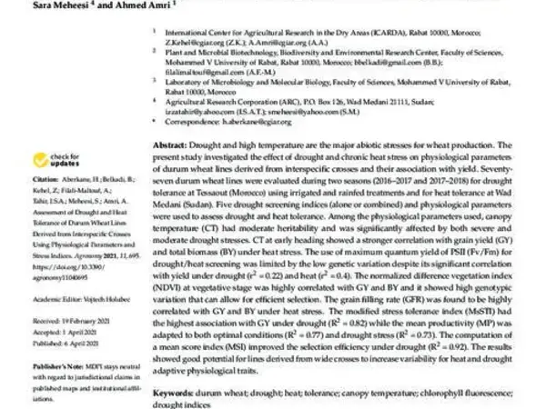 Assessment of Drought and Heat Tolerance of Durum Wheat Lines Derived from Interspecific Crosses Using Physiological Parameters and Stress Indices