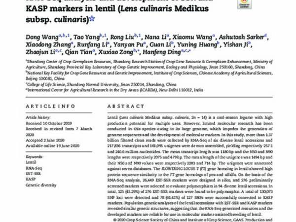 RNA-Seq analysis and development of SSR and KASP markers in lentil (Lens culinaris Medikus subsp. culinaris)