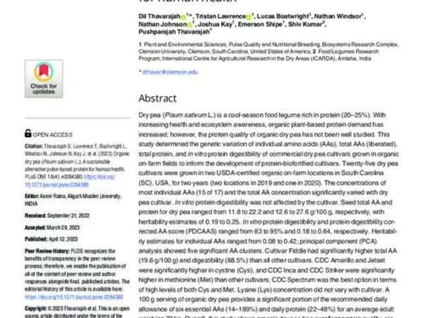 Organic dry pea (Pisum sativum L.): A sustainable alternative pulse-based protein for human health