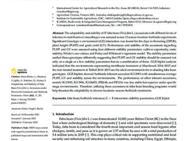 Adaptability and Stability of Faba Bean (Vicia faba L.) Accessions under Diverse Environments and Herbicide Treatments