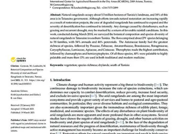 Botanical Composition and Species Diversity of Arid and Desert Rangelands in Tataouine, Tunisia