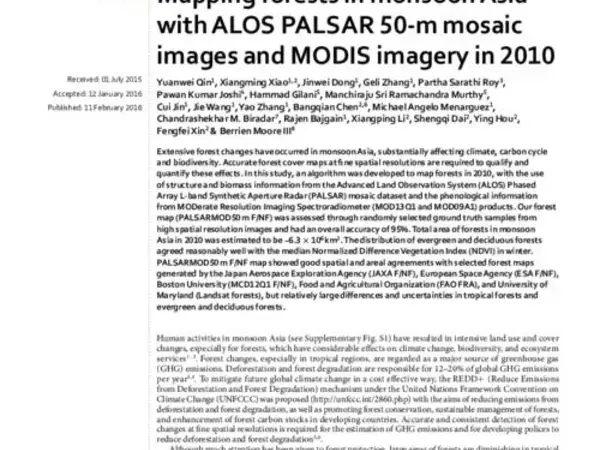 Mapping forests in monsoon Asia with ALOS PALSAR 50-m mosaic images and MODIS imagery in 2010
