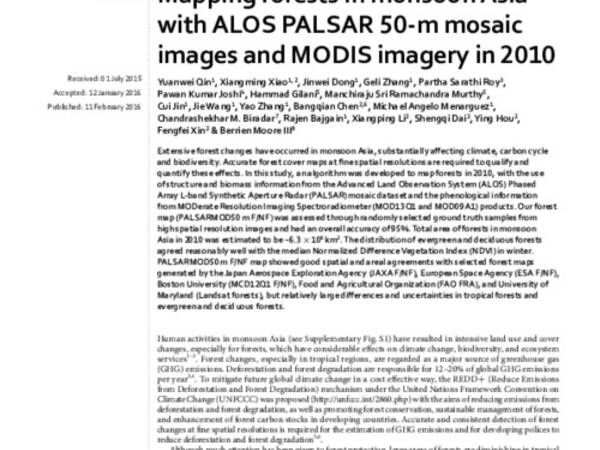 Mapping forests in monsoon Asia with ALOS PALSAR 50-m mosaic images and MODIS imagery in 2010