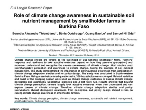 Role of climate change awareness in sustainable soil nutrient management by smallholder farms in Burkina Faso