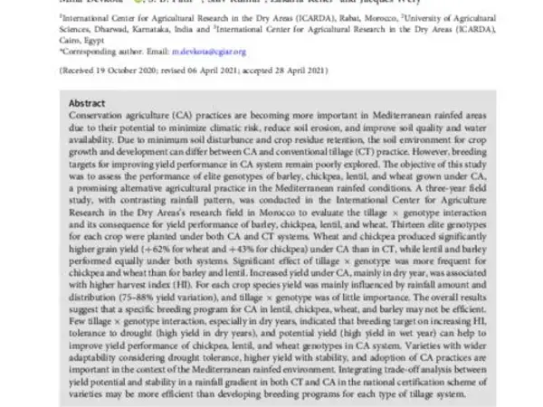 Performance of elite genotypes of barley, chickpea, lentil, and wheat under conservation agriculture in Mediterranean rainfed conditions
