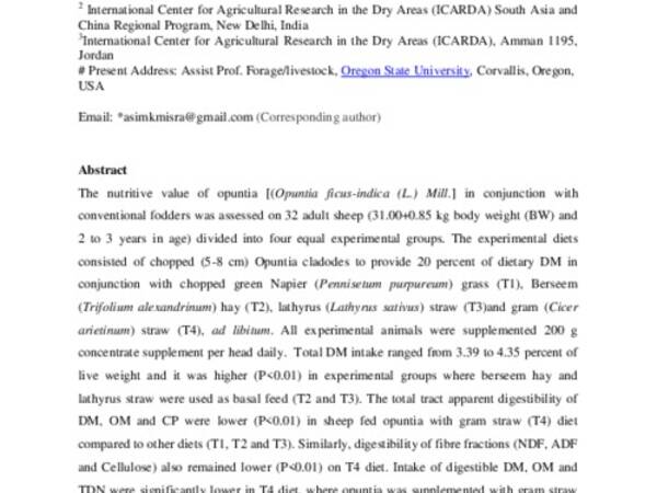 Nutrient intake and utilization in sheep fed opuntia [Opuntia ficus-indica (L.) Mill.] in combination with conventional green and dry fodders