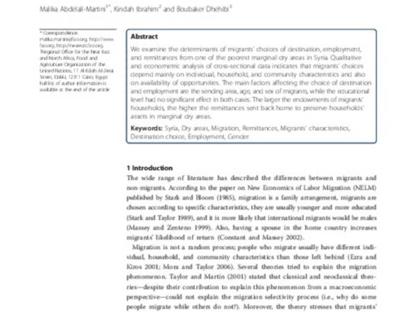 Migrants from marginal dry areas in Syria: destinations, employment, and returns