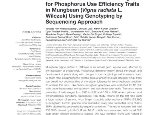 Genome wide association analysis for phosphorus use efficiency traits in mungbean (Vigna radiata L. Wilczek) using genotyping by sequencing approach