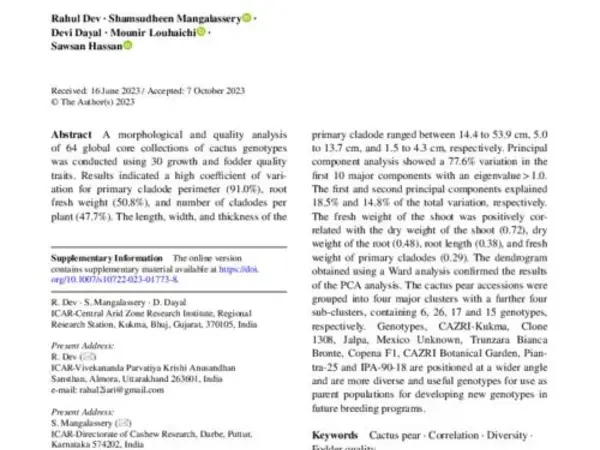 Genetic variability, characters association and principal component study for morphological and fodder quality of Opuntia and Nopalea sp. in India 