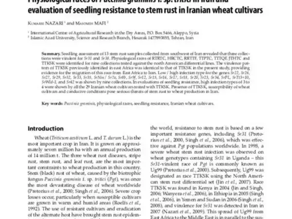 Physiological races of Puccinia graminis f. sp. tritici in Iran and evaluation of seedling resistance to stem rust in Iranian wheat cultivars