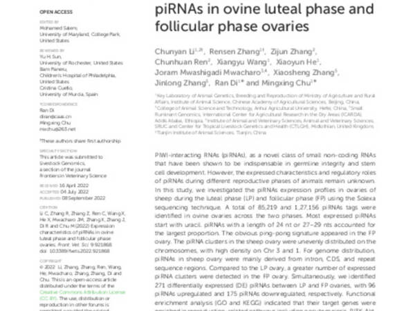 Expression characteristics of piRNAs in ovine luteal phase and follicular phase ovaries