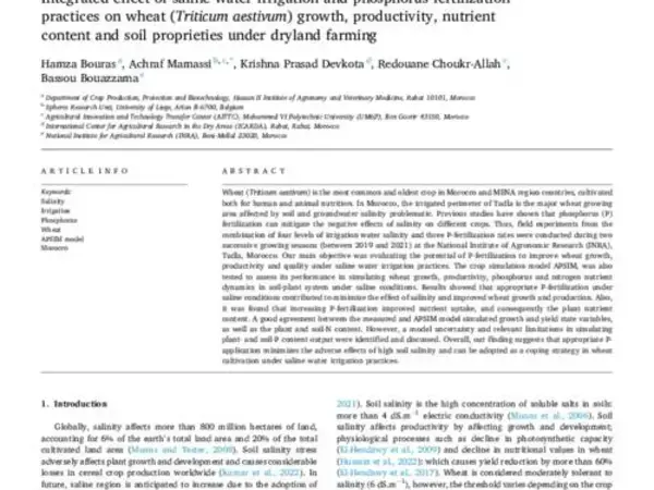 Integrated effect of saline water irrigation and phosphorus fertilization practices on wheat (Triticum aestivum) growth, productivity, nutrient content and soil proprieties under dryland farming 