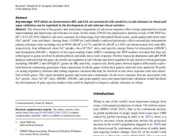 Genetic and transcriptional variations in NRAMP‑2 and OPAQUE1 genes are associated with salt stress response in wheat.