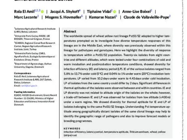 Diversity of thermal aptitude of Middle Eastern and Mediterranean Puccinia striiformis f. sp. tritici isolates from different altitude zones