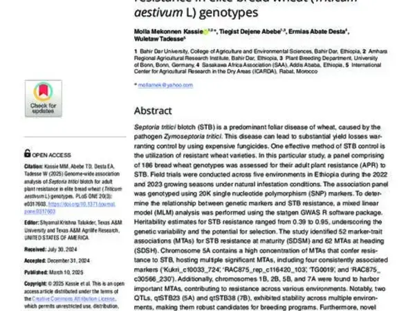 Genome-wide association analysis of Septoria tritici blotch for adult plant resistance in elite bread wheat (Triticum  aestivum L) genotypes
