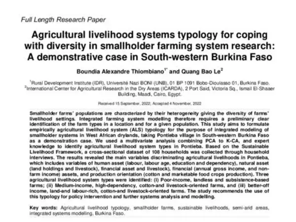 Agricultural livelihood systems typology for coping with diversity in smallholder farming system research: A demonstrative case in South-western Burkina Faso