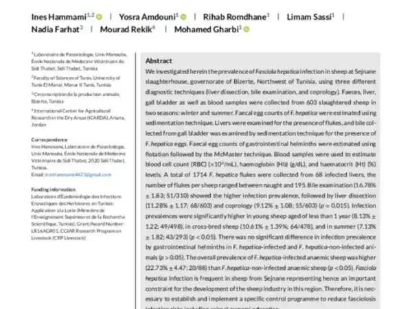 Prevalence of Fasciola hepatica infection in slaughtered sheep from Northwest Tunisia and its risk factors: Association with gastrointestinal helminths infection and anaemia
