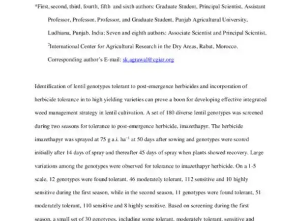 Genetic Variation for Tolerance to Herbicide Imazethapyr in Lentil (Lens culinaris Medik.)