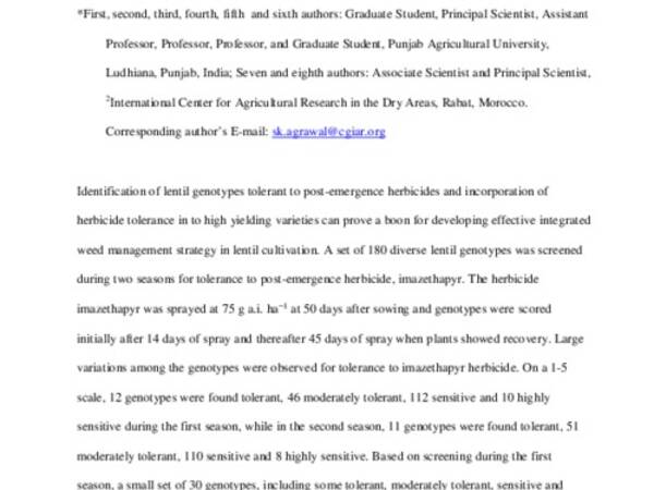 Genetic Variation for Tolerance to Herbicide Imazethapyr in Lentil (Lens culinaris Medik.)