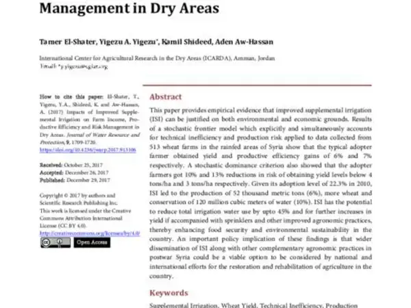 Impacts of Improved Supplemental Irrigation on Farm Income, Productive Efficiency and Risk Management in Dry Areas