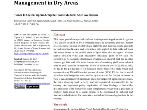 Impacts of Improved Supplemental Irrigation on Farm Income, Productive Efficiency and Risk Management in Dry Areas