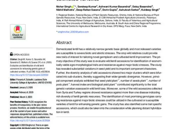 Evaluation and identification of wild lentil accessions for enhancing genetic gains of cultivated varieties