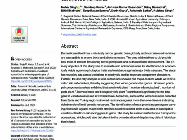 Evaluation and identification of wild lentil accessions for enhancing genetic gains of cultivated varieties