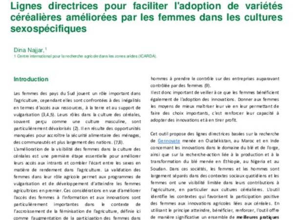 Lignes directrices pour faciliter l'adoption de variétés céréalières améliorées par les femmes dans les cultures sexospécifiques     