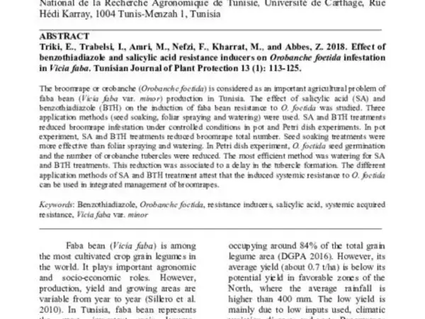 Effect of Benzothiadiazole and Salicylic Acid Resistance Inducers on Orobanche foetida Infestation in Vicia faba 
