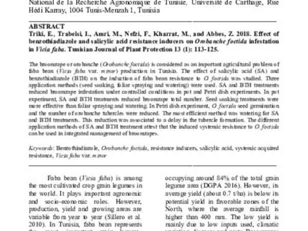 Effect of Benzothiadiazole and Salicylic Acid Resistance Inducers on Orobanche foetida Infestation in Vicia faba 